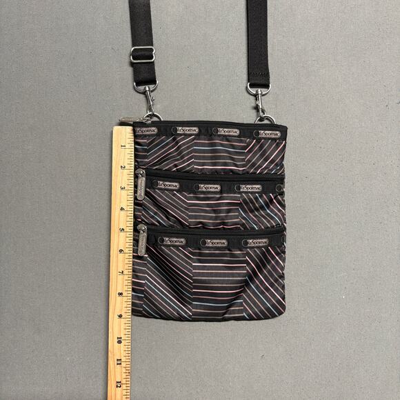 LeSportsac Black Striped Crossbody Travel‎ Bag Multicolor 3 Zipper Adjustable - Picture 15 of 16